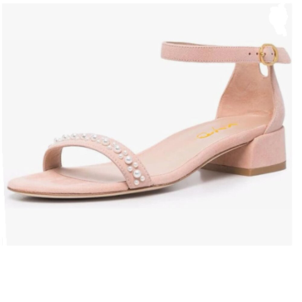 XYD Light Pink Pearls Open Toe Strappy Low Block Heel Sandal Ankle Strap Shoes